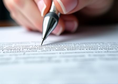 Close up of a legal professional highlighting specific clauses in a paper contract