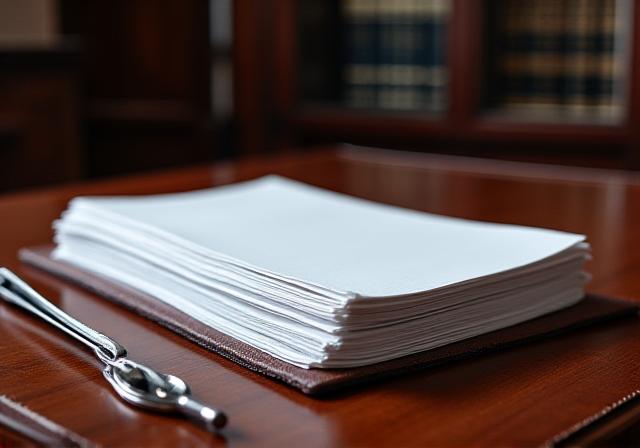Stacked professional legal documents with high-end stationery in a London law office setting.