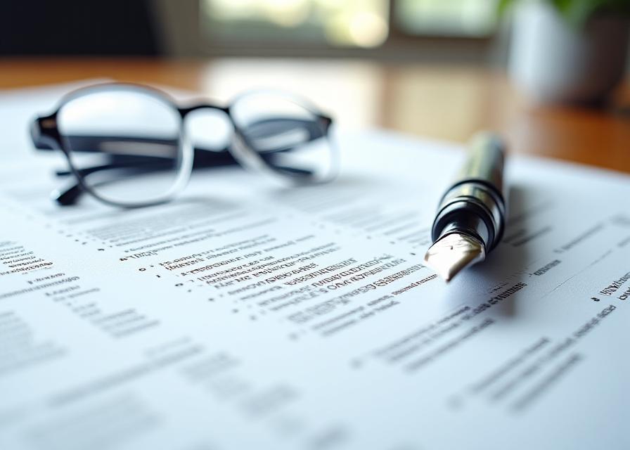 Close up of a legal professional reviewing a contract with a fountain pen and spectacles