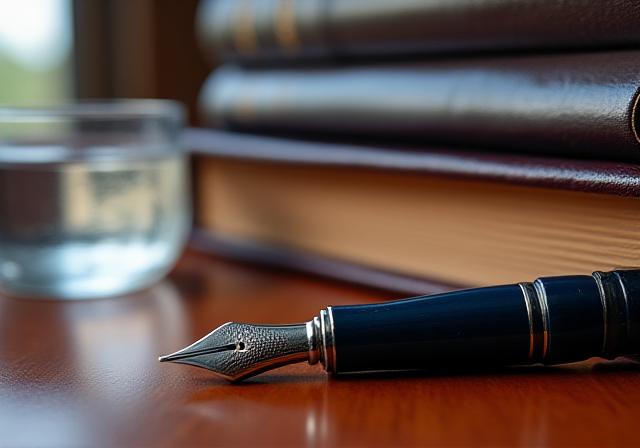 Close up of legal volumes and a fountain pen on a mahogany desk